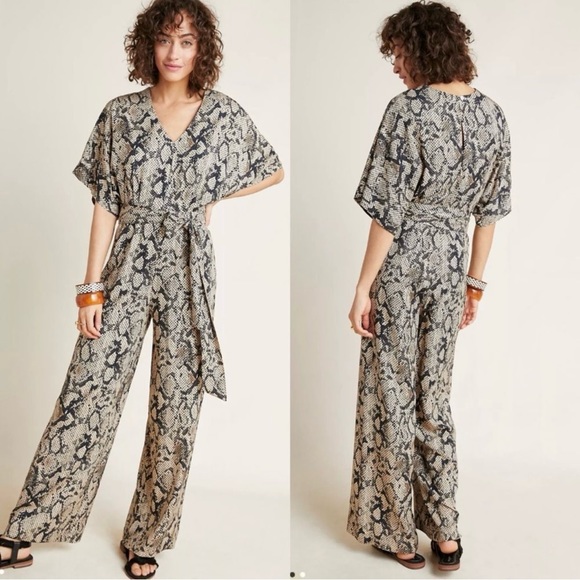 Anthropologie Seen Worn Kept Snake Print Jumpsuit V-Neck Wide Leg size 4 - Picture 1 of 5